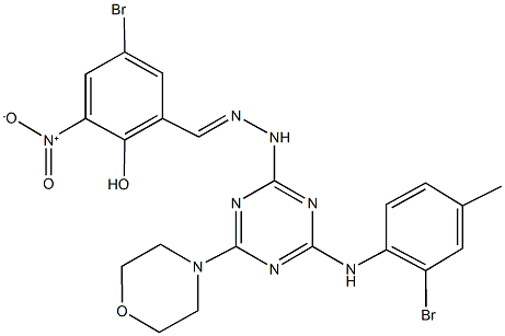 5-bromo-2-hydroxy-3-nitrobenzaldehyde [4-(2-bromo-4-methylanilino)-6-(4-morpholinyl)-1,3,5-triazin-2-yl]hydrazone|