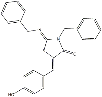 3-benzyl-2-(benzylimino)-5-(4-hydroxybenzylidene)-1,3-thiazolidin-4-one,345974-97-2,结构式