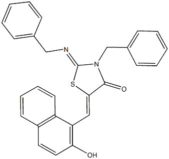 3-benzyl-2-(benzylimino)-5-[(2-hydroxy-1-naphthyl)methylene]-1,3-thiazolidin-4-one Structure