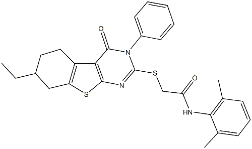 N-(2,6-dimethylphenyl)-2-[(7-ethyl-4-oxo-3-phenyl-3,4,5,6,7,8-hexahydro[1]benzothieno[2,3-d]pyrimidin-2-yl)sulfanyl]acetamide,345987-26-0,结构式