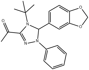 1-[5-(1,3-benzodioxol-5-yl)-4-tert-butyl-1-phenyl-4,5-dihydro-1H-1,2,4-triazol-3-yl]ethanone Struktur