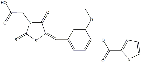 (5-{3-methoxy-4-[(2-thienylcarbonyl)oxy]benzylidene}-4-oxo-2-thioxo-1,3-thiazolidin-3-yl)acetic acid 化学構造式