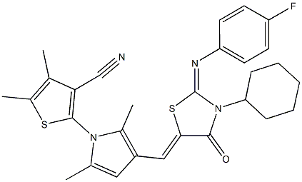 2-[3-({3-cyclohexyl-2-[(4-fluorophenyl)imino]-4-oxo-1,3-thiazolidin-5-ylidene}methyl)-2,5-dimethyl-1H-pyrrol-1-yl]-4,5-dimethyl-3-thiophenecarbonitrile Structure