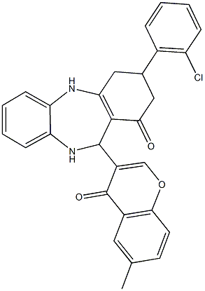 3-(2-chlorophenyl)-11-(6-methyl-4-oxo-4H-chromen-3-yl)-2,3,4,5,10,11-hexahydro-1H-dibenzo[b,e][1,4]diazepin-1-one Structure