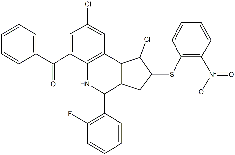 [1,8-dichloro-4-(2-fluorophenyl)-2-({2-nitrophenyl}sulfanyl)-2,3,3a,4,5,9b-hexahydro-1H-cyclopenta[c]quinolin-6-yl](phenyl)methanone Struktur