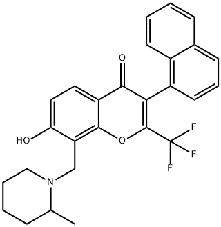 7-hydroxy-8-[(2-methyl-1-piperidinyl)methyl]-3-(1-naphthyl)-2-(trifluoromethyl)-4H-chromen-4-one Struktur