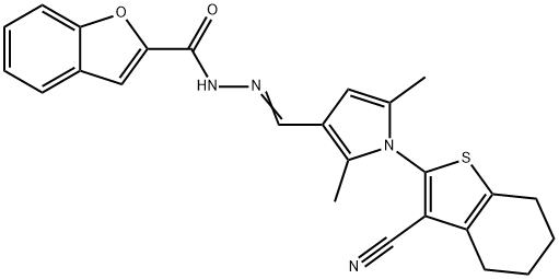 N'-{[1-(3-cyano-4,5,6,7-tetrahydro-1-benzothien-2-yl)-2,5-dimethyl-1H-pyrrol-3-yl]methylene}-1-benzofuran-2-carbohydrazide 化学構造式