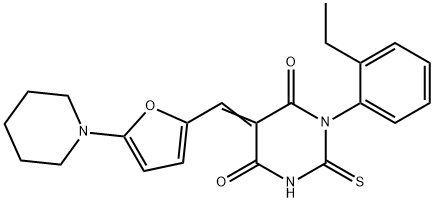 1-(2-ethylphenyl)-5-{[5-(1-piperidinyl)-2-furyl]methylene}-2-thioxodihydro-4,6(1H,5H)-pyrimidinedione Struktur