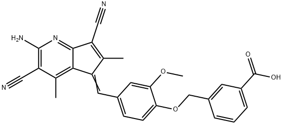 3-({4-[(2-amino-3,7-dicyano-4,6-dimethyl-5H-cyclopenta[b]pyridin-5-ylidene)methyl]-2-methoxyphenoxy}methyl)benzoic acid Structure