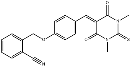 2-({4-[(1,3-dimethyl-4,6-dioxo-2-thioxotetrahydro-5(2H)-pyrimidinylidene)methyl]phenoxy}methyl)benzonitrile,347386-14-5,结构式