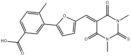 3-{5-[(1,3-dimethyl-4,6-dioxo-2-thioxotetrahydropyrimidin-5(2H)-ylidene)methyl]-2-furyl}-4-methylbenzoic acid Struktur