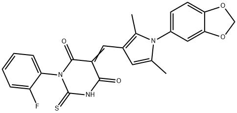 5-{[1-(1,3-benzodioxol-5-yl)-2,5-dimethyl-1H-pyrrol-3-yl]methylene}-1-(2-fluorophenyl)-2-thioxodihydro-4,6(1H,5H)-pyrimidinedione,347387-74-0,结构式