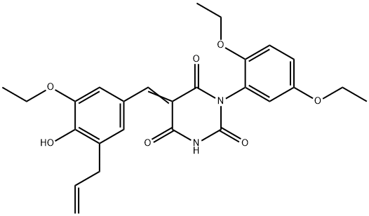 5-(3-allyl-5-ethoxy-4-hydroxybenzylidene)-1-(2,5-diethoxyphenyl)-2,4,6(1H,3H,5H)-pyrimidinetrione 化学構造式