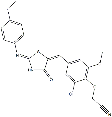[2-chloro-4-({2-[(4-ethylphenyl)imino]-4-oxo-1,3-thiazolidin-5-ylidene}methyl)-6-methoxyphenoxy]acetonitrile,347915-66-6,结构式