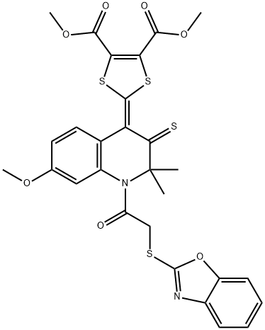 dimethyl 2-(1-[(1,3-benzoxazol-2-ylsulfanyl)acetyl]-7-methoxy-2,2-dimethyl-3-thioxo-2,3-dihydro-4(1H)-quinolinylidene)-1,3-dithiole-4,5-dicarboxylate,348131-50-0,结构式