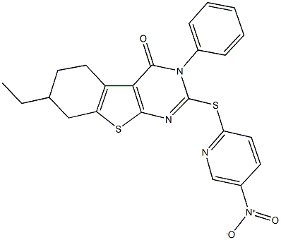 7-ethyl-2-({5-nitro-2-pyridinyl}sulfanyl)-3-phenyl-5,6,7,8-tetrahydro[1]benzothieno[2,3-d]pyrimidin-4(3H)-one,348592-25-6,结构式