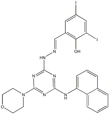 2-hydroxy-3,5-diiodobenzaldehyde [4-(4-morpholinyl)-6-(1-naphthylamino)-1,3,5-triazin-2-yl]hydrazone 化学構造式
