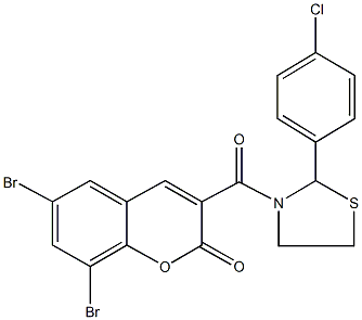 6,8-dibromo-3-{[2-(4-chlorophenyl)-1,3-thiazolidin-3-yl]carbonyl}-2H-chromen-2-one 化学構造式