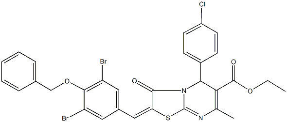 ethyl 2-[4-(benzyloxy)-3,5-dibromobenzylidene]-5-(4-chlorophenyl)-7-methyl-3-oxo-2,3-dihydro-5H-[1,3]thiazolo[3,2-a]pyrimidine-6-carboxylate 化学構造式