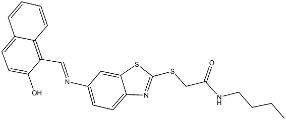 N-butyl-2-[(6-{[(2-hydroxy-1-naphthyl)methylene]amino}-1,3-benzothiazol-2-yl)sulfanyl]acetamide 结构式