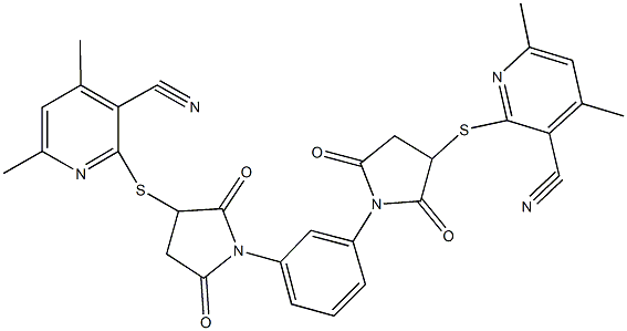 350698-25-8 2-{[1-(3-{3-[(3-cyano-4,6-dimethyl-2-pyridinyl)sulfanyl]-2,5-dioxo-1-pyrrolidinyl}phenyl)-2,5-dioxo-3-pyrrolidinyl]sulfanyl}-4,6-dimethylnicotinonitrile