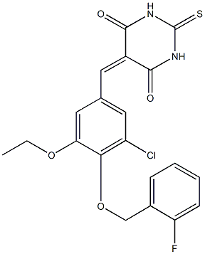 5-{3-chloro-5-ethoxy-4-[(2-fluorobenzyl)oxy]benzylidene}-2-thioxodihydro-4,6(1H,5H)-pyrimidinedione 化学構造式