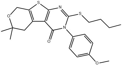 2-(butylsulfanyl)-3-(4-methoxyphenyl)-6,6-dimethyl-3,5,6,8-tetrahydro-4H-pyrano[4',3':4,5]thieno[2,3-d]pyrimidin-4-one 化学構造式