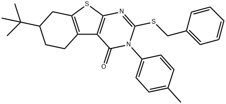 2-(benzylsulfanyl)-7-tert-butyl-3-(4-methylphenyl)-5,6,7,8-tetrahydro[1]benzothieno[2,3-d]pyrimidin-4(3H)-one Struktur