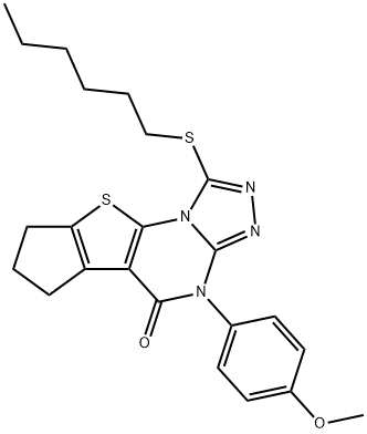1-(hexylsulfanyl)-4-(4-methoxyphenyl)-7,8-dihydro-6H-cyclopenta[4,5]thieno[3,2-e][1,2,4]triazolo[4,3-a]pyrimidin-5(4H)-one 结构式
