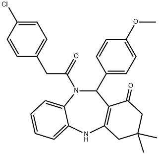 10-[(4-chlorophenyl)acetyl]-11-(4-methoxyphenyl)-3,3-dimethyl-2,3,4,5,10,11-hexahydro-1H-dibenzo[b,e][1,4]diazepin-1-one,351162-16-8,结构式