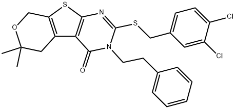 2-[(3,4-dichlorobenzyl)sulfanyl]-6,6-dimethyl-3-(2-phenylethyl)-3,5,6,8-tetrahydro-4H-pyrano[4',3':4,5]thieno[2,3-d]pyrimidin-4-one Structure