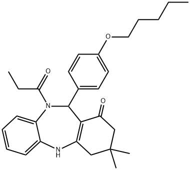 3,3-dimethyl-11-[4-(pentyloxy)phenyl]-10-propionyl-2,3,4,5,10,11-hexahydro-1H-dibenzo[b,e][1,4]diazepin-1-one Struktur