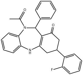 10-acetyl-3-(2-fluorophenyl)-11-phenyl-2,3,4,5,10,11-hexahydro-1H-dibenzo[b,e][1,4]diazepin-1-one Struktur