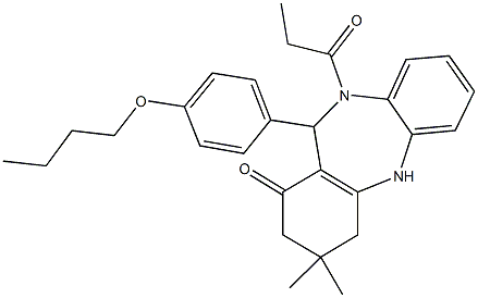 11-(4-butoxyphenyl)-3,3-dimethyl-10-propionyl-2,3,4,5,10,11-hexahydro-1H-dibenzo[b,e][1,4]diazepin-1-one Structure