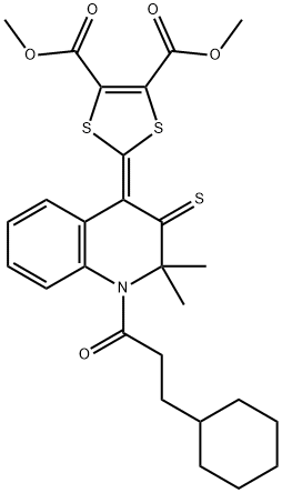 dimethyl 2-(1-(3-cyclohexylpropanoyl)-2,2-dimethyl-3-thioxo-2,3-dihydro-4(1H)-quinolinylidene)-1,3-dithiole-4,5-dicarboxylate 化学構造式