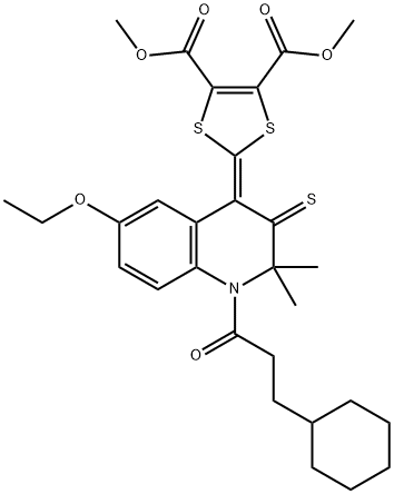 dimethyl 2-(1-(3-cyclohexylpropanoyl)-6-ethoxy-2,2-dimethyl-3-thioxo-2,3-dihydro-4(1H)-quinolinylidene)-1,3-dithiole-4,5-dicarboxylate 化学構造式