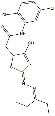 N-(2,5-dichlorophenyl)-2-{2-[(1-ethylpropylidene)hydrazono]-4-hydroxy-2,5-dihydro-1,3-thiazol-5-yl}acetamide Struktur