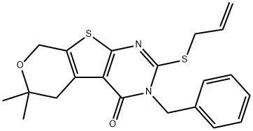 2-(allylsulfanyl)-3-benzyl-6,6-dimethyl-3,5,6,8-tetrahydro-4H-pyrano[4',3':4,5]thieno[2,3-d]pyrimidin-4-one 化学構造式