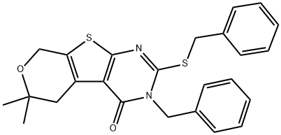 3-benzyl-2-(benzylsulfanyl)-6,6-dimethyl-3,5,6,8-tetrahydro-4H-pyrano[4',3':4,5]thieno[2,3-d]pyrimidin-4-one 化学構造式