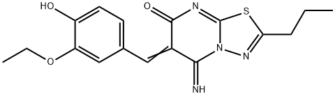 6-(3-ethoxy-4-hydroxybenzylidene)-5-imino-2-propyl-5,6-dihydro-7H-[1,3,4]thiadiazolo[3,2-a]pyrimidin-7-one Struktur