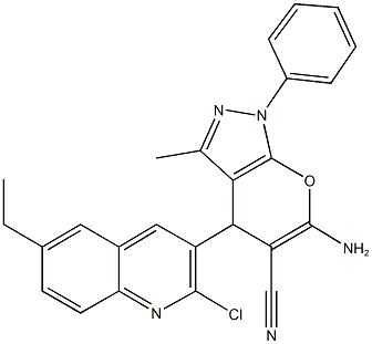 6-amino-4-(2-chloro-6-ethyl-3-quinolinyl)-3-methyl-1-phenyl-1,4-dihydropyrano[2,3-c]pyrazole-5-carbonitrile,351358-38-8,结构式