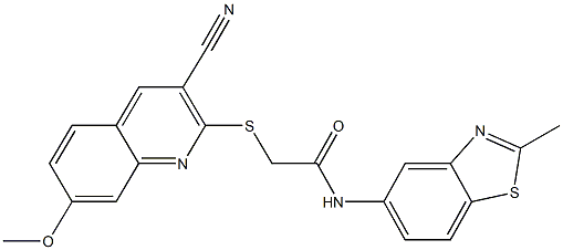 2-{[3-cyano-7-(methyloxy)quinolin-2-yl]sulfanyl}-N-(2-methyl-1,3-benzothiazol-5-yl)acetamide 结构式