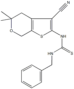 N-benzyl-N'-(3-cyano-5,5-dimethyl-4,7-dihydro-5H-thieno[2,3-c]pyran-2-yl)thiourea Struktur