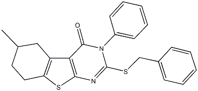 2-(benzylsulfanyl)-6-methyl-3-phenyl-5,6,7,8-tetrahydro[1]benzothieno[2,3-d]pyrimidin-4(3H)-one,351417-43-1,结构式