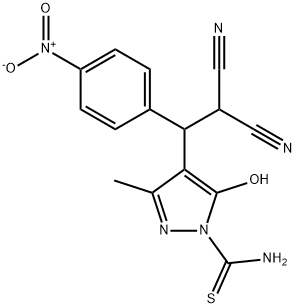 4-(2,2-dicyano-1-{4-nitrophenyl}ethyl)-5-hydroxy-3-methyl-1H-pyrazole-1-carbothioamide Struktur