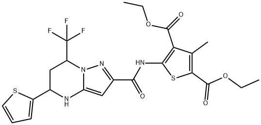 diethyl 3-methyl-5-({[5-(2-thienyl)-7-(trifluoromethyl)-4,5,6,7-tetrahydropyrazolo[1,5-a]pyrimidin-2-yl]carbonyl}amino)-2,4-thiophenedicarboxylate Structure
