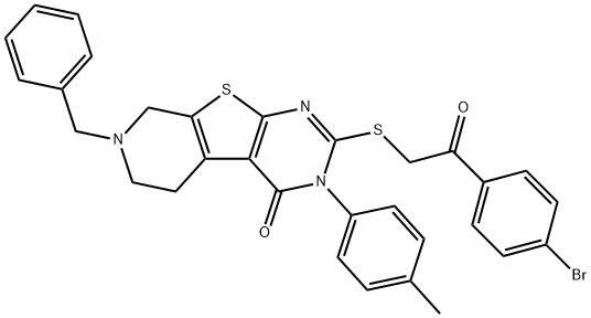 7-benzyl-2-{[2-(4-bromophenyl)-2-oxoethyl]sulfanyl}-3-(4-methylphenyl)-5,6,7,8-tetrahydropyrido[4',3':4,5]thieno[2,3-d]pyrimidin-4(3H)-one Struktur