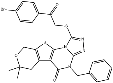 4-benzyl-1-{[2-(4-bromophenyl)-2-oxoethyl]sulfanyl}-7,7-dimethyl-6,9-dihydro-7H-pyrano[4',3':4,5]thieno[3,2-e][1,2,4]triazolo[4,3-a]pyrimidin-5(4H)-one,351440-78-3,结构式