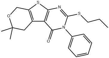 6,6-dimethyl-3-phenyl-2-(propylsulfanyl)-3,5,6,8-tetrahydro-4H-pyrano[4',3':4,5]thieno[2,3-d]pyrimidin-4-one,351441-09-3,结构式