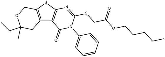 pentyl [(6-ethyl-6-methyl-4-oxo-3-phenyl-3,5,6,8-tetrahydro-4H-pyrano[4',3':4,5]thieno[2,3-d]pyrimidin-2-yl)sulfanyl]acetate 化学構造式